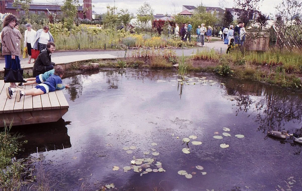 Een kind ligt op een houten vlonder en reikt naar het water van een vijver, terwijl een volwassene ernaast gehurkt zit.
